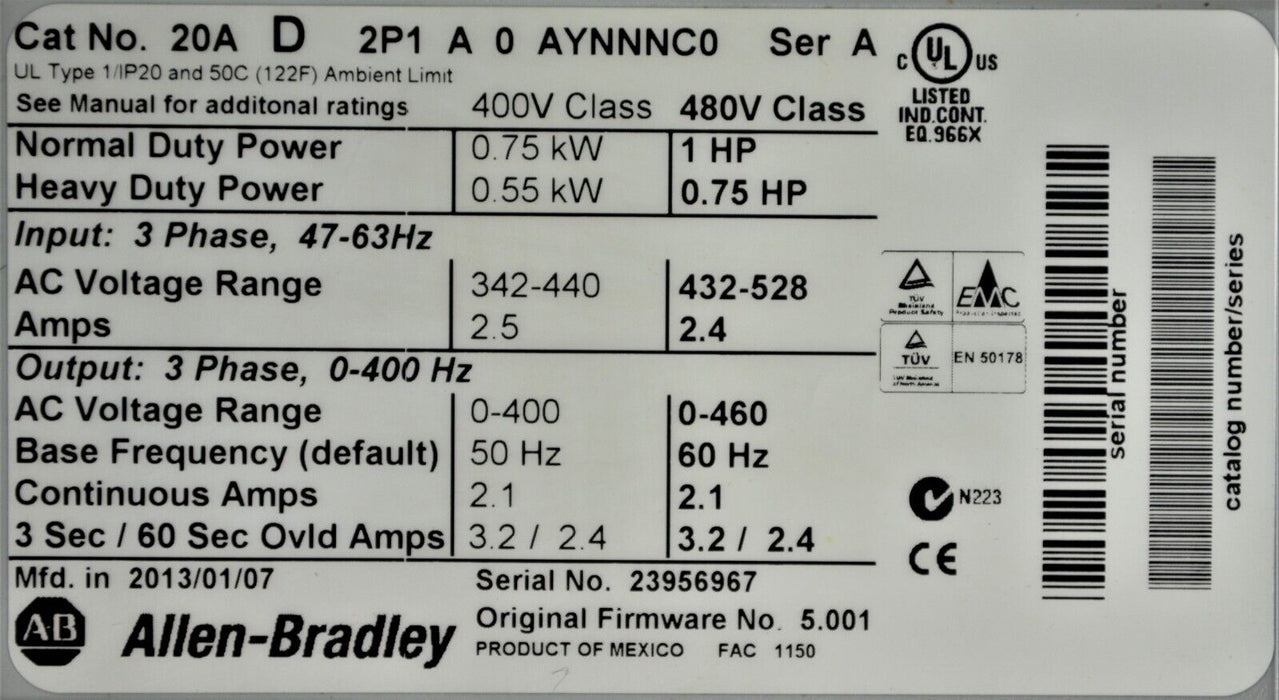 Allen-Bradley 20AD2P1A0AYNNNC0 PowerFlex 70 1 HP 480 VAC FRN 5.001 Tested Good