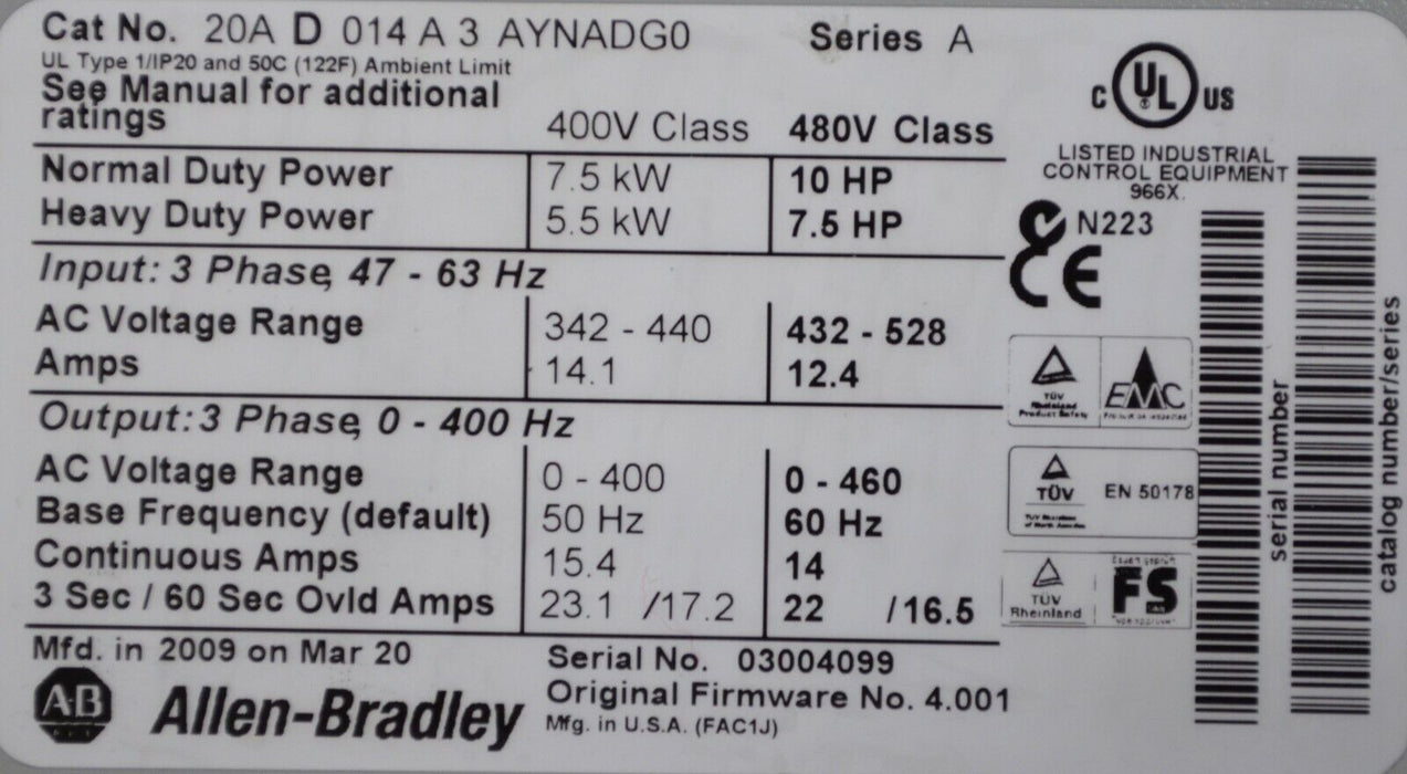 Low Hours Allen-Bradley PowerFlex 70 10 HP 20AD014A3AYNADG0 480VAC Tested Good