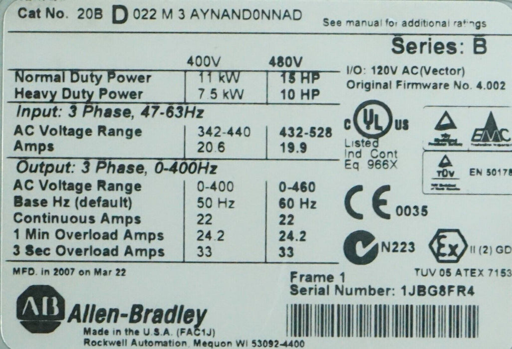 Allen-Bradley PowerFlex 700 20BD022M3AYNAND0NNAD 15 HP FRN:4.002