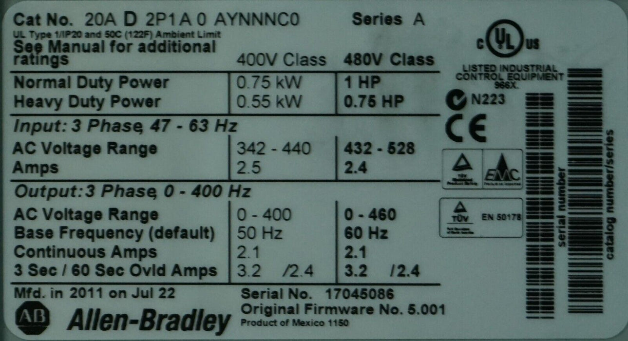 Allen-Bradley 20AD2P1A0AYNNNC0 PowerFlex 70 1HP Series A FRN:5.001 Tested Good