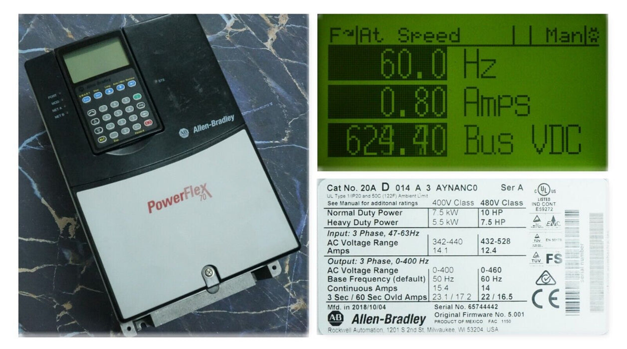 Allen-Bradley PowerFlex 70 10 HP 20AD014A3AYNANC0  FRN 5.001 Tested Good