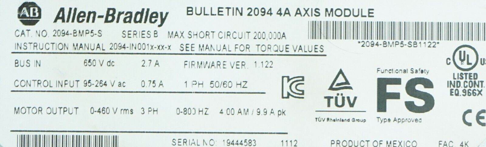 ALLEN-BRADLEY KINETIX 6000 2094-BMP5-S AXIS MODULE 2.7A 650VDC FIRMWARE 1.122