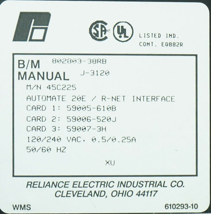 Reliance Electric 45C225 Programmable CONTROLLER MODULE AUTOMATE 20E