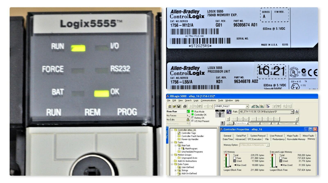 Allen Bradley 1756-L55/A W/ 1756-M12/A ControlLogix 5555 VER. 16.21 Tested Good.