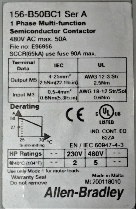 ALLEN-BRADLEY 156-B50BC1 Solid State Contactor Series A 50 Amp 4-20 Ma Input