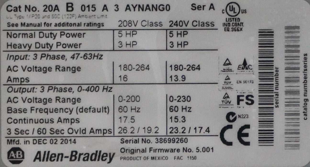 Allen Bradley PowerFlex 70 5HP 20AB015A3AYNANNN 240VAC FRN:5.001