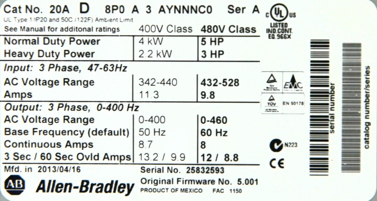 Low Hours Allen-Bradley Powerflex 70 5 HP 20AD8P0A3AYNNNC0 Series A FRN: 5.001