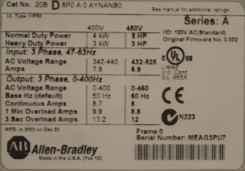 New Allen-Bradley PowerFlex 700 5HP 20BD8P0A0AYNANB0 480VAC FRN:3.002 Series A