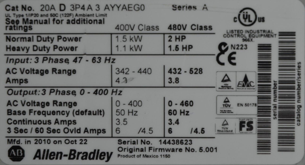 Zero Hours Allen-Bradley PowerFlex 70 2 HP 20AD3P4A3AYYAEG0 480 VAC FRN: 5.001