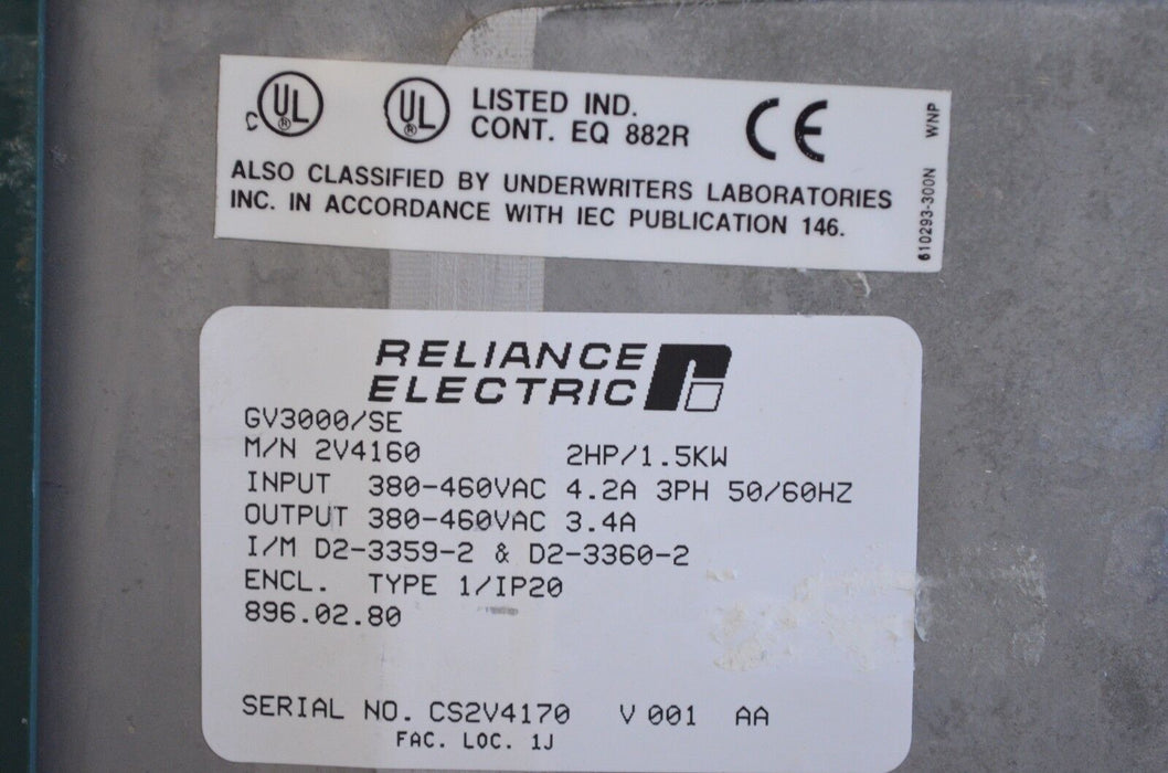 Reliance Electric GV3000 SE Vector 2HP 2V4160 VER.6.01 AC Drive Tested Good