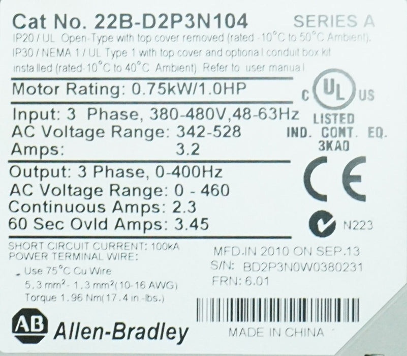 Zero Hrs Allen Bradley 22B-D2P3N104 PowerFlex40 Drive Series A Tested Good 6.01