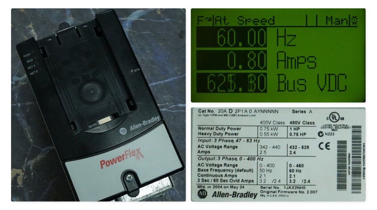 Allen-Bradley 20AD2P1A0AYNNNNN PowerFlex70 1HP 480VAC FRN:2.007