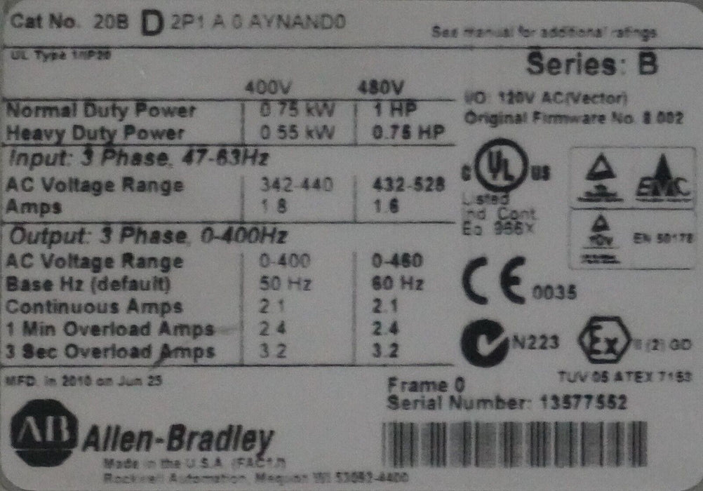 Allen-Bradley PowerFlex 700 1HP 20BD2P1A0AYNAND0 480 VAC Series B FRN:8.002