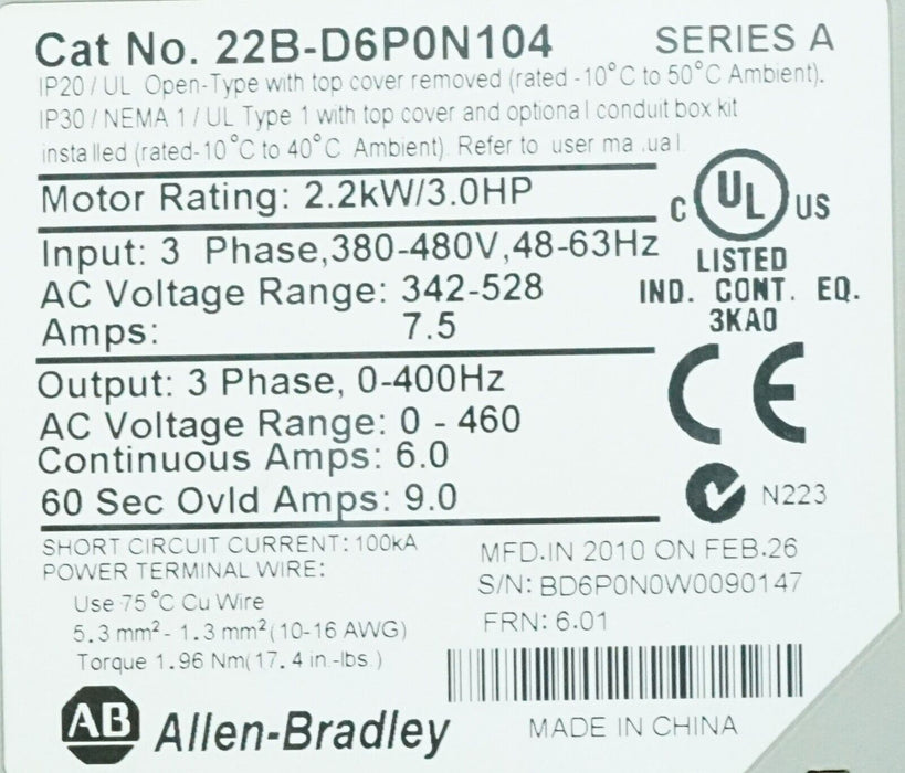 Allen-Bradley 22B-D6P0N104 PowerFlex 40 3HP Drive Tested Good FRN:6.01