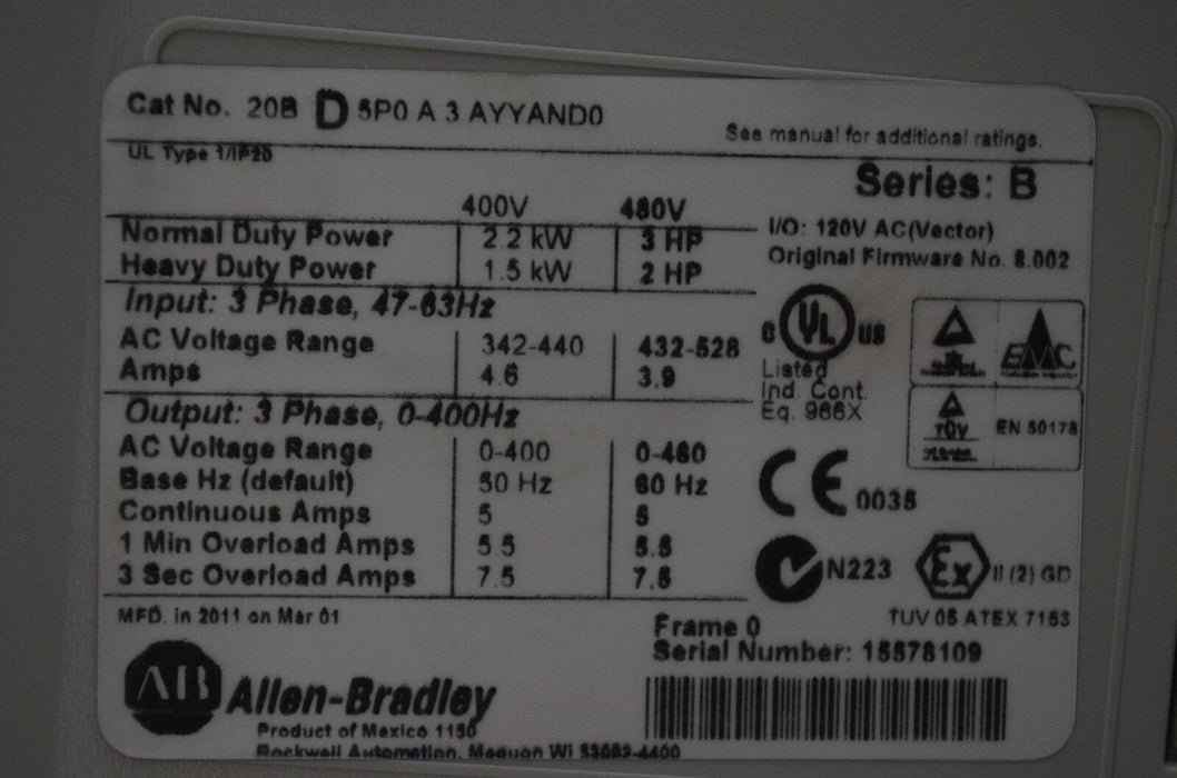 Allen Bradley Powerflex 700 3 hp Drive Cat 20BD5P0A3AYYAND0 480V Tested Good