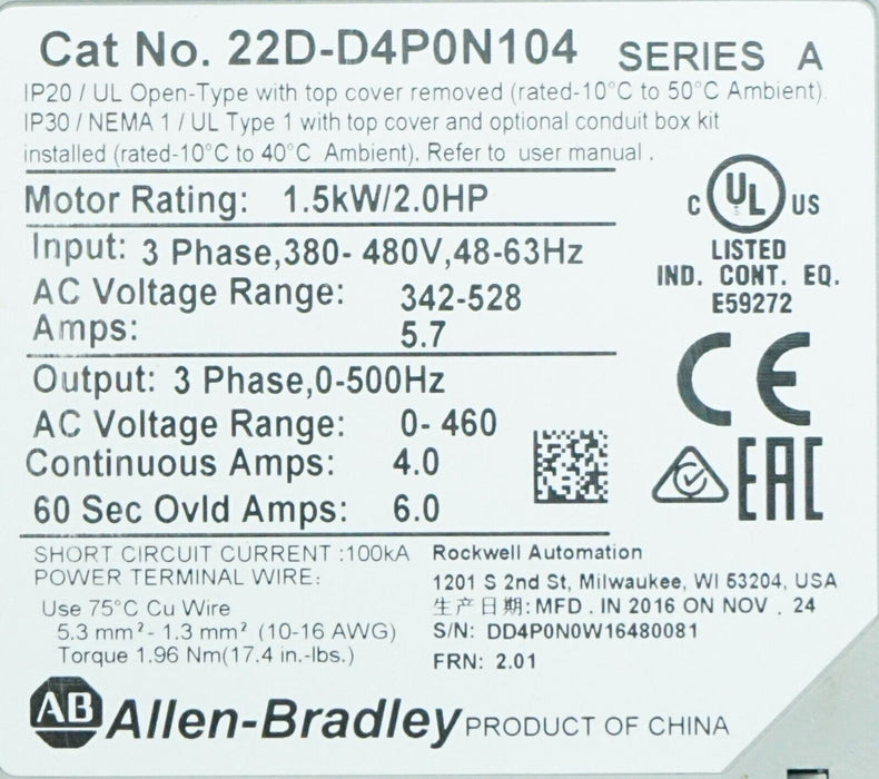 Low Hours 2016 Allen Bradley 22D-D4P0N104 PowerFlex40 Firmware 2.01 Series A