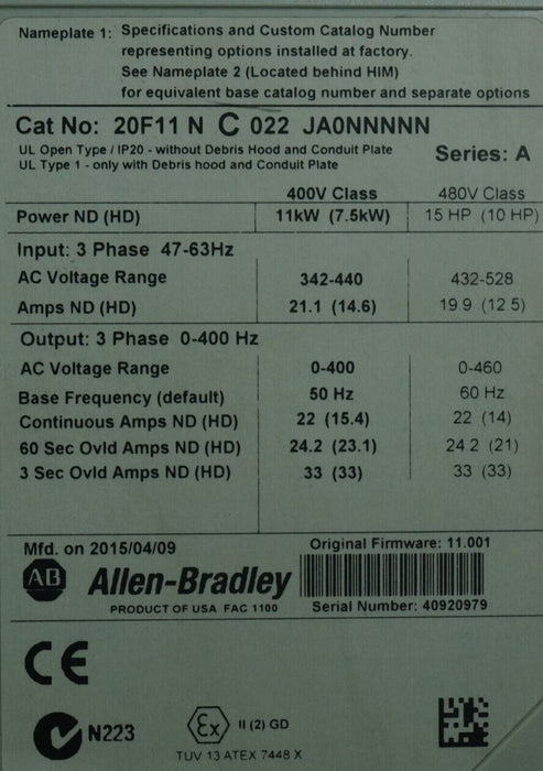 Zero Hr Allen-Bradley PowerFlex 753 20F11NC022JA0NNNNN 15HP 480 VAC FRN 11.001