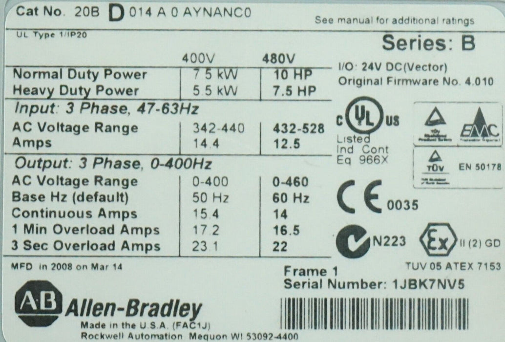 Allen-Bradley PowerFlex 700 10 HP 20BD014A0AYNANC0 480 VAC Tested Good FRN:8.002