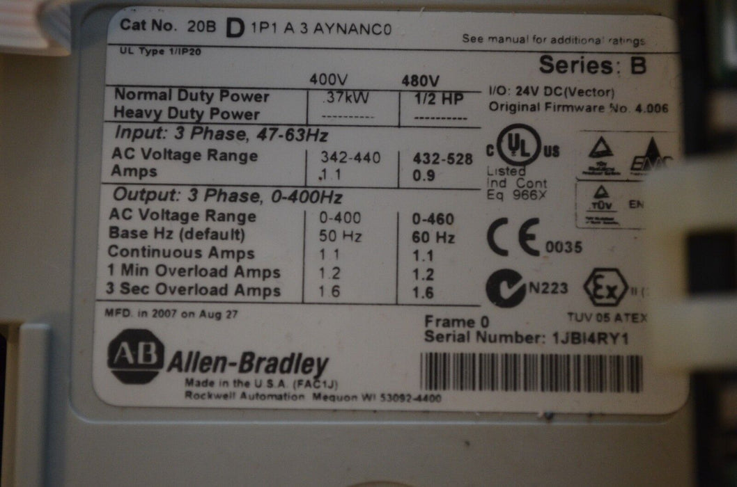 Allen-Bradley PowerFlex 700 20BD1P1A3AYNANC0 480VAC 1/2HP Drive Tested Good