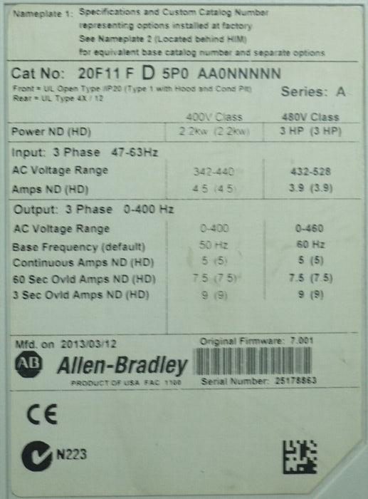 Allen-Bradley PowerFlex753 20F11FD5P0AA0NNNNN 3HP Ser. A FRN:1.005 Tested Good