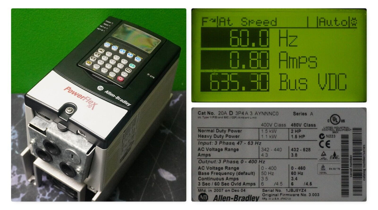 Low Hrs Allen-Bradley PowerFlex 70 2 HP 20AD3P4A3AYNNNC0 480VAC Tested FRN:3.003