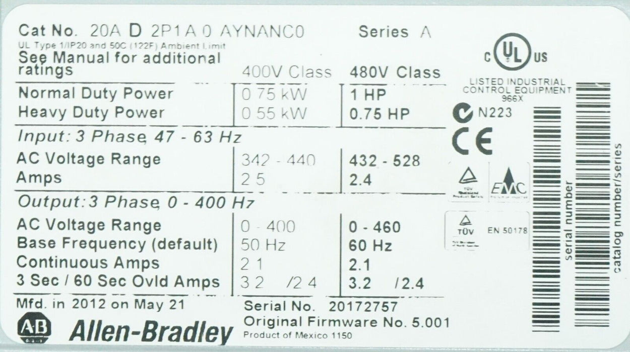 Low Hrs Allen-Bradley 20AD2P1A0AYNANC0 PowerFlex 70 1 HP 480 VAC FRN 5.001