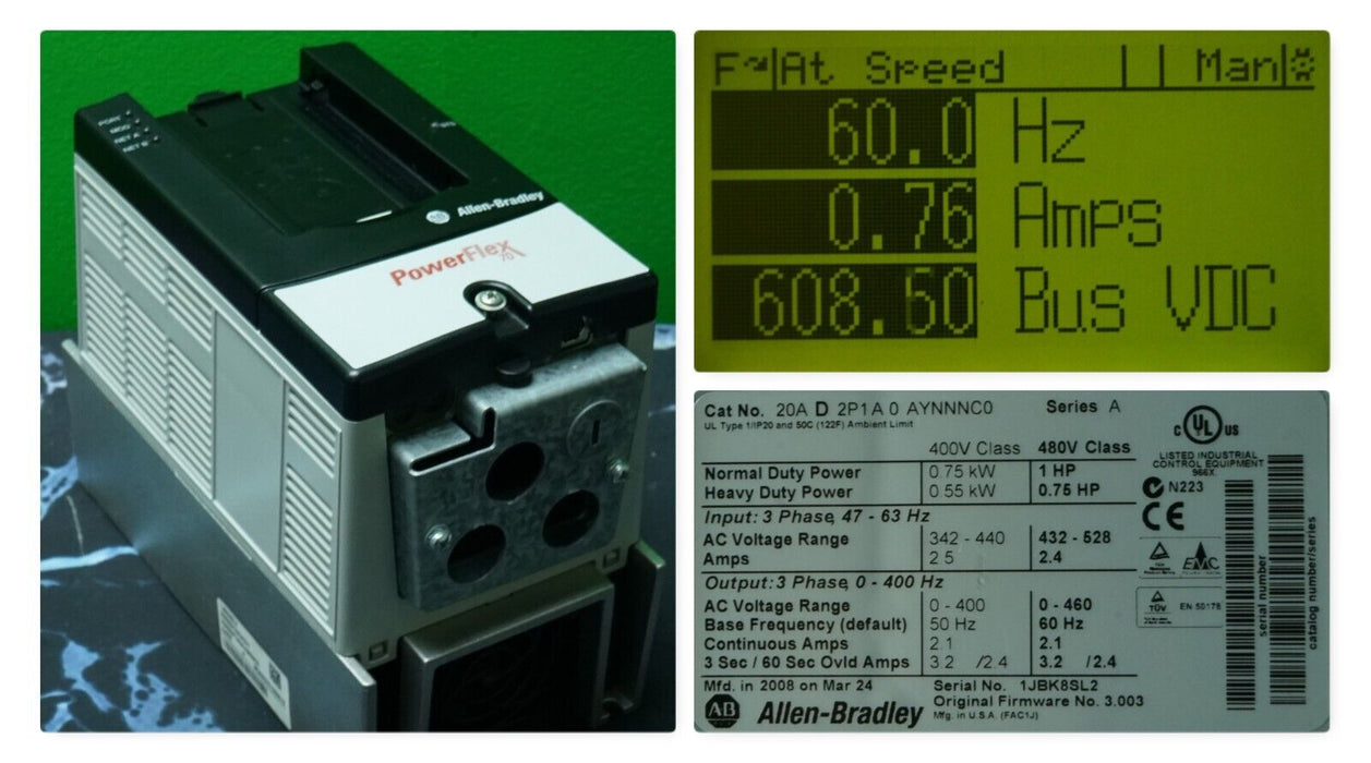 Low Hours Allen Bradley PowerFlex 70 20AD2P1A0AYNNNC0 1HP 480VAC FRN:3.003