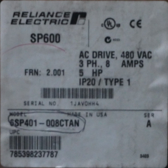 New Reliance Electric SP600 6SP401-008CTAN 5HP Drive 480VAC FRN:2.001