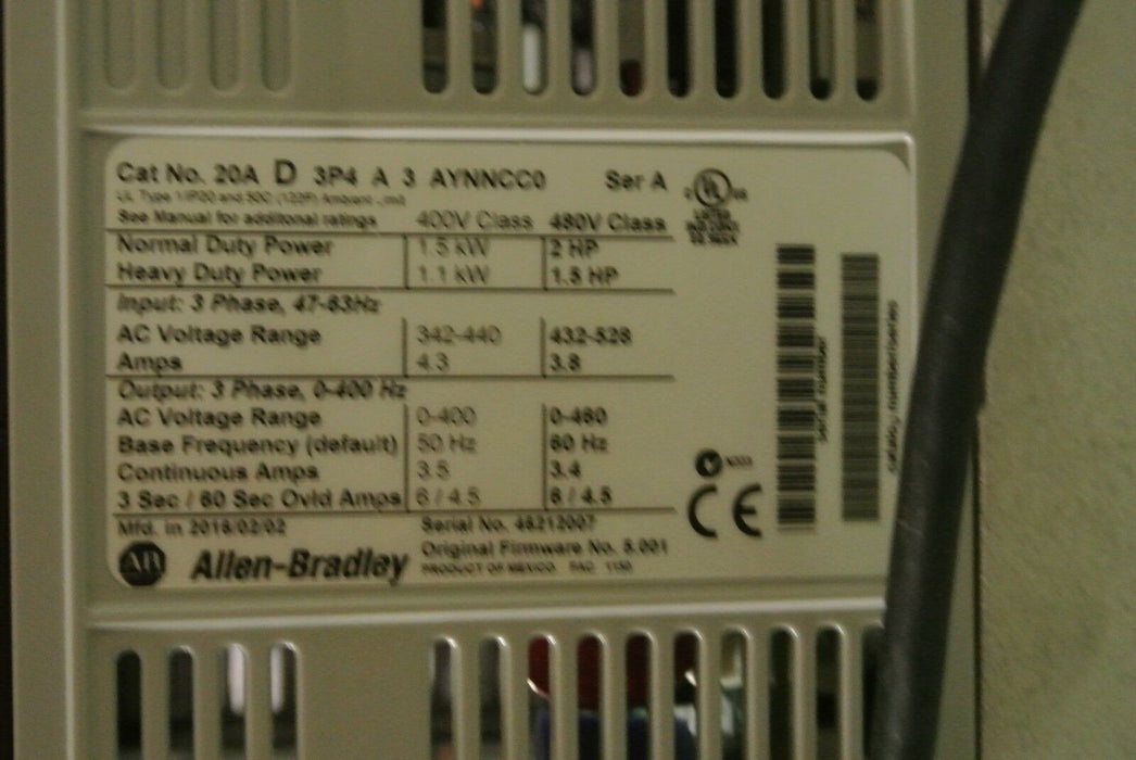 2016 Allen-Bradley PowerFlex 70 20AD3P4A3AYNNCC0 2HP Drive Series A, FRM: 5.001