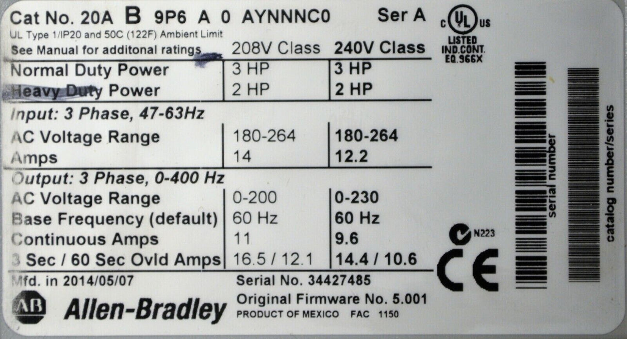 Allen-Bradley Powerflex 70 20AB9P6A0AYNNNC0 Ser A Tested Good Clean