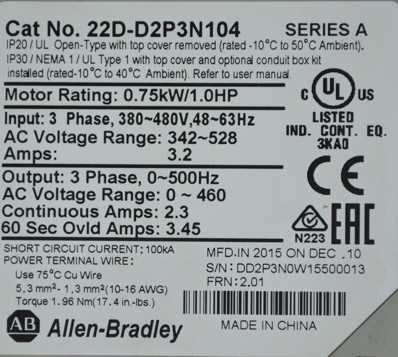 Low Hours 2015 Allen Bradley 22D-D2P3N104 PowerFlex40 Firmware 2.01 Series A