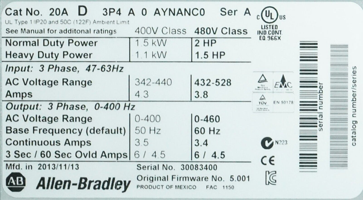 Low Hours Allen-Bradley PowerFlex 70 2 HP 20AD3P4A0AYNANC0 480 VAC FRN:5.001