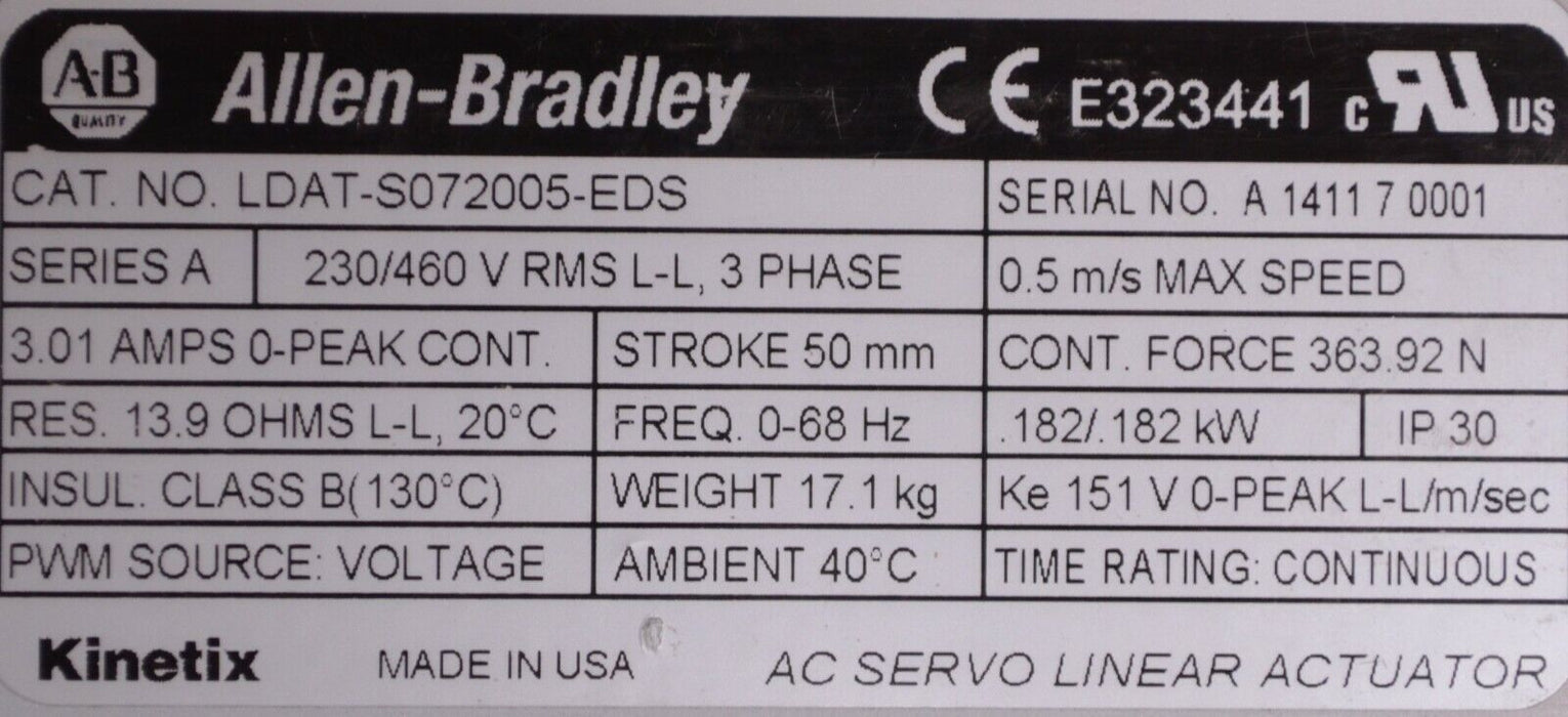 ALLEN BRADLEY LDAT-S072005-EDS E323441 Ser A 230-460 AC Servo Linear Action