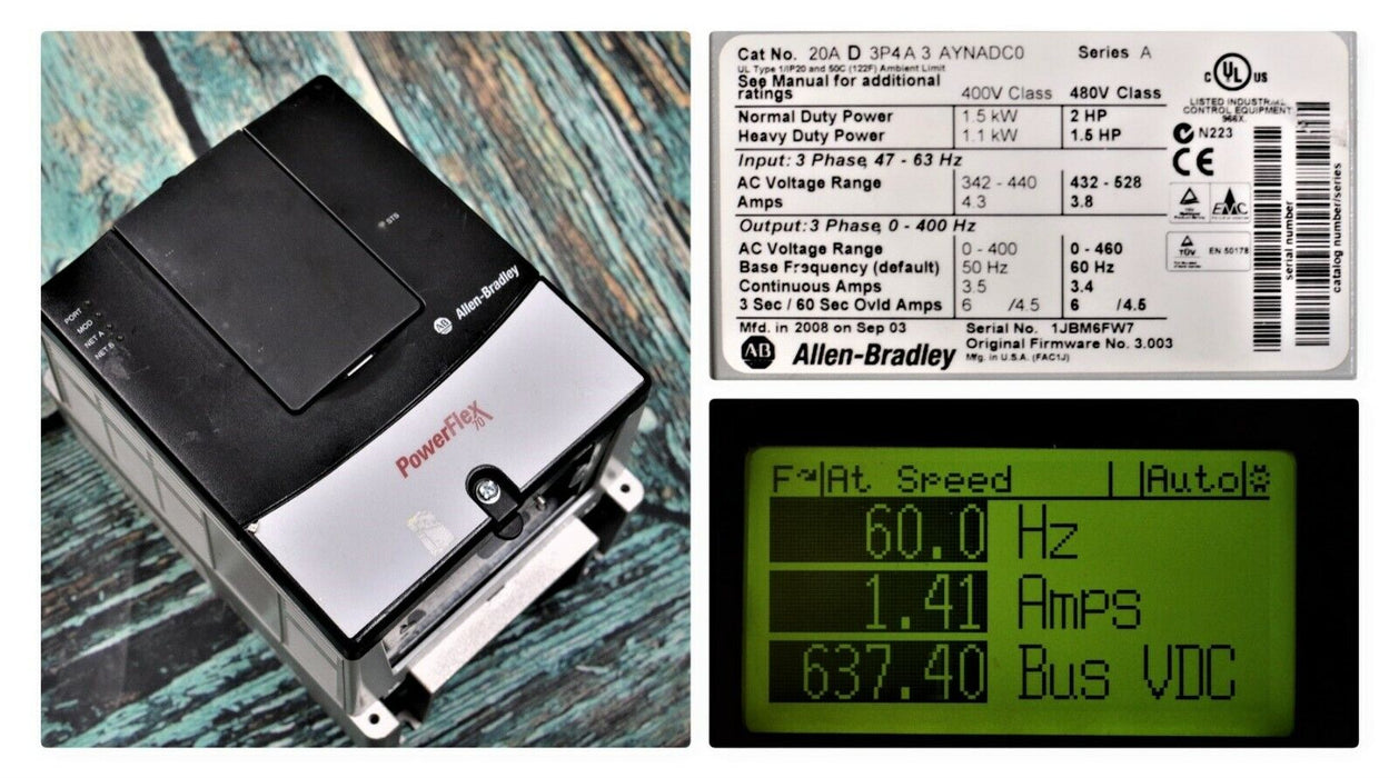 Allen-Bradley Powerflex 70 20AD3P4A3AYNADC0 /A, 2 HP, 3.4 Amps, FRN 3.003