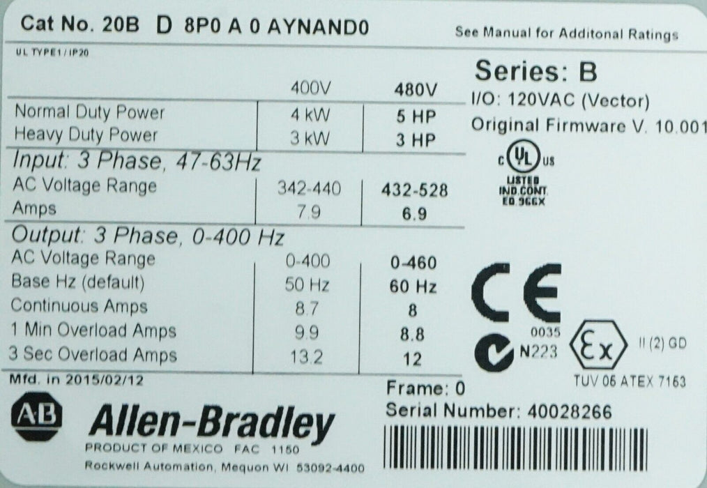 Allen-Bradley PowerFlex 700 5HP 20BD8P0A0AYNAND0 480VAC Tested Good FRN:10.001