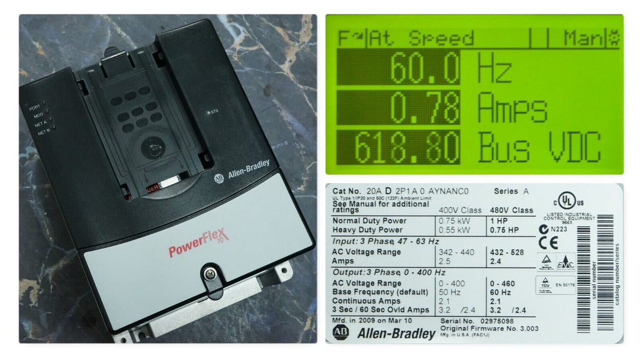 Allen-Bradley PowerFlex 70 1 HP 20AD2P1A0AYNANC0 480 VAC FRN 3.003 Tested Good