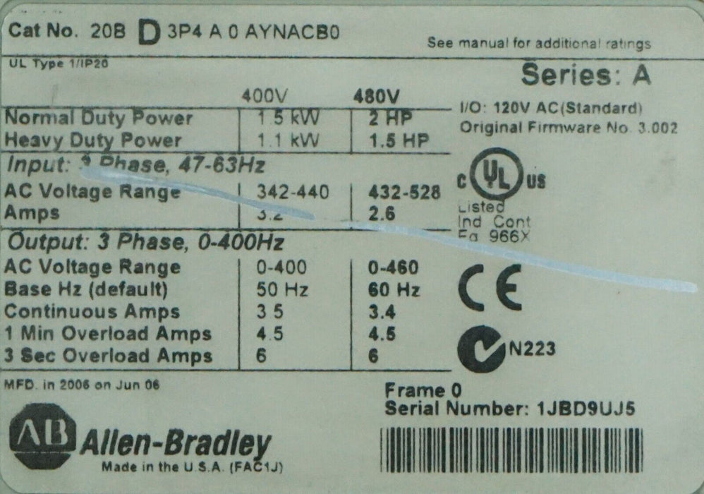 Allen-Bradley PowerFlex 700 2 HP 20BD3P4A0AYNACB0 480 VAC Series A FRN:3.002