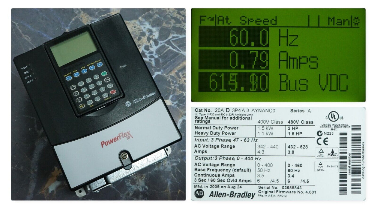 Low Hours Allen-Bradley PowerFlex 70 2 HP 20AD3P4A3AYNANC0 480 VAC FRN:4.001