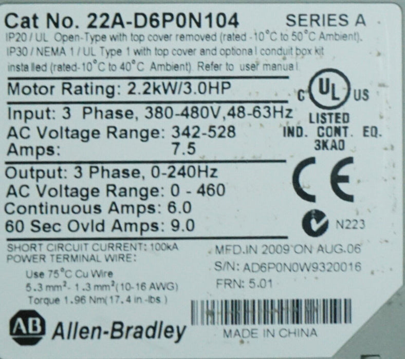 Zero Run Hours Allen-Bradley PowerFlex 4 22A-D6P0N104 3HP FRN:5.01 Series A