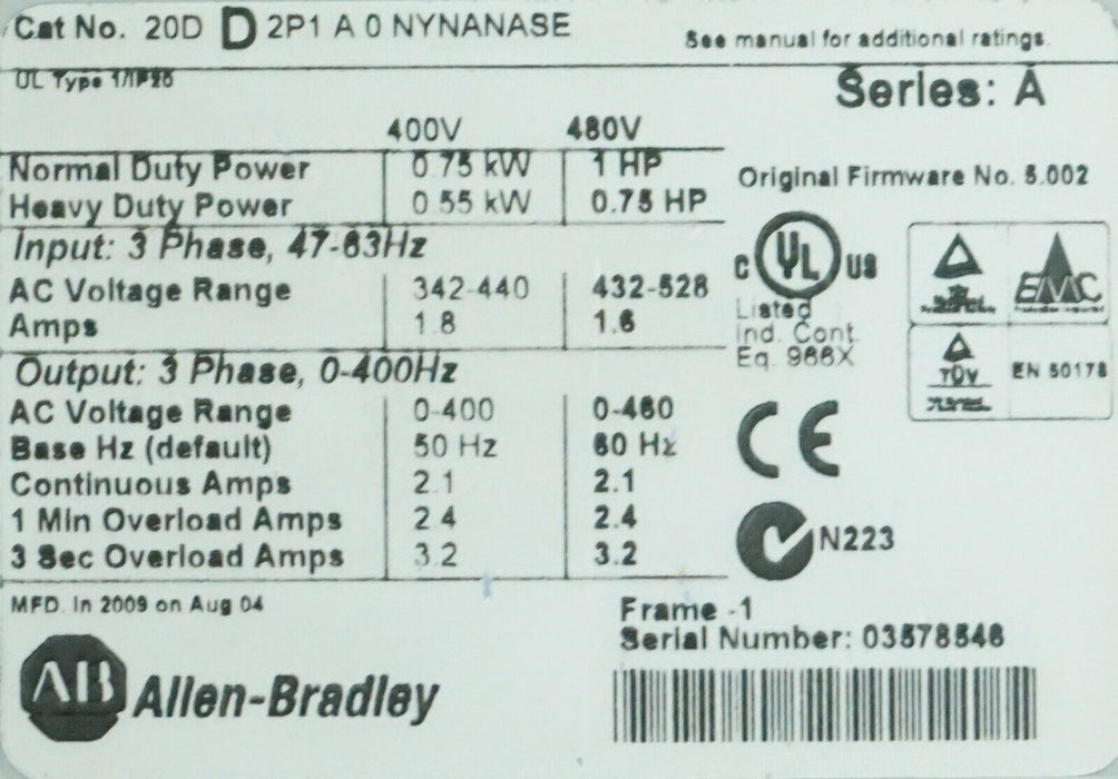 Allen Bradley 20DD2P1A0NYNANASE  Powerflex700S Power Supply 480VAC 1HP FRN:5.002