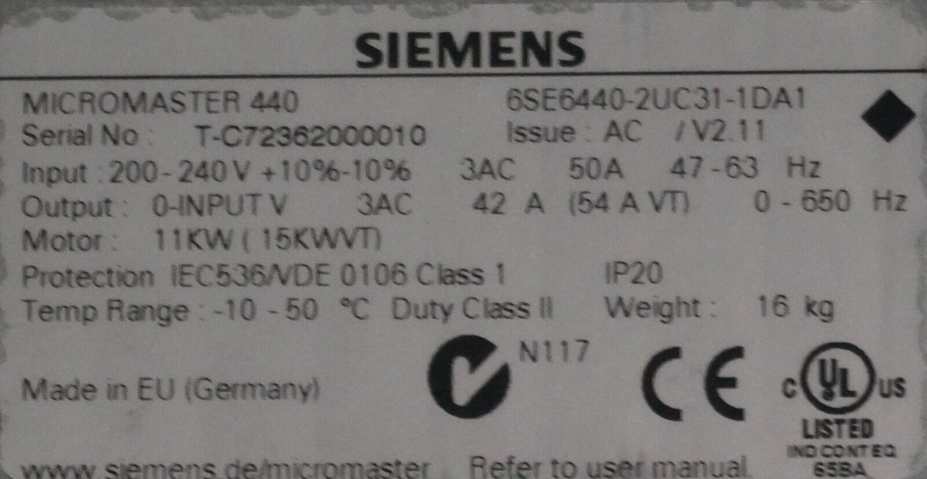 Siemens Micromaster 440 6SE6440-2UC31-1DA1 Tested Good