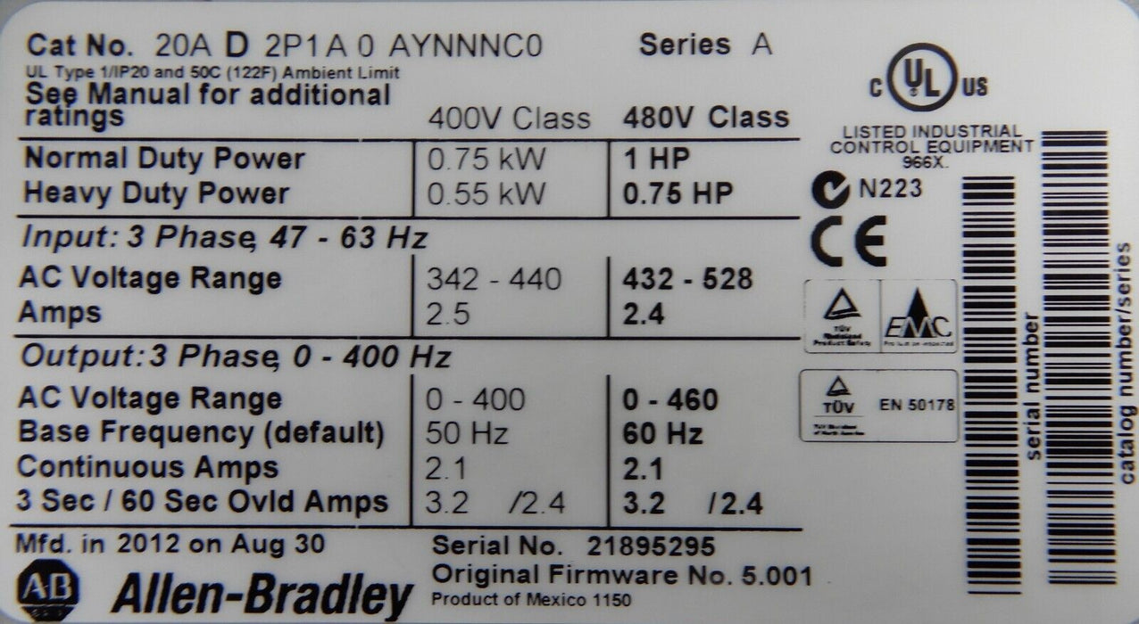 New Allen-Bradley 20AD2P1A0AYNNNC0 PowerFlex70 1HP 480 VAC FRN 5.001