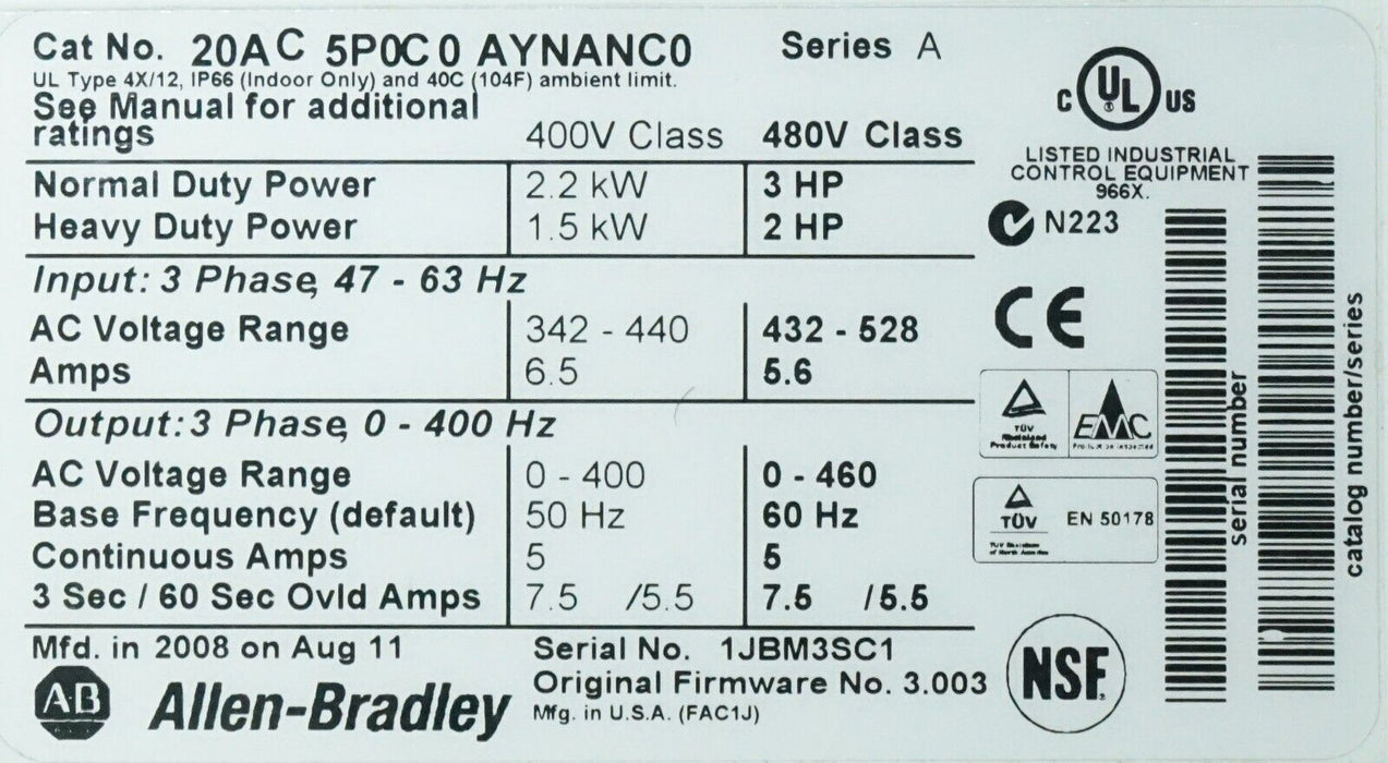 New Allen-Bradley 20AC5P0C0AYNANC0 3HP 480V Powerflex 70 FRN:3.003