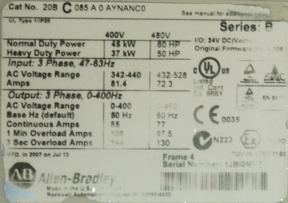 Low-Hours Allen Bradley PowerFlex 700 60 HP 20BC085A0AYNANC0 Series B FRN:4.006