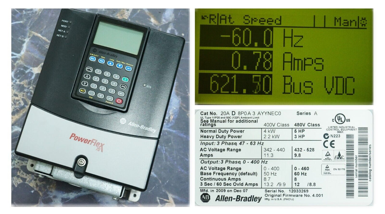 Low Hours Allen-Bradley PowerFlex 70 5 HP 20AD8P0A3AYYNEC0 480 VAC FRN:4.001