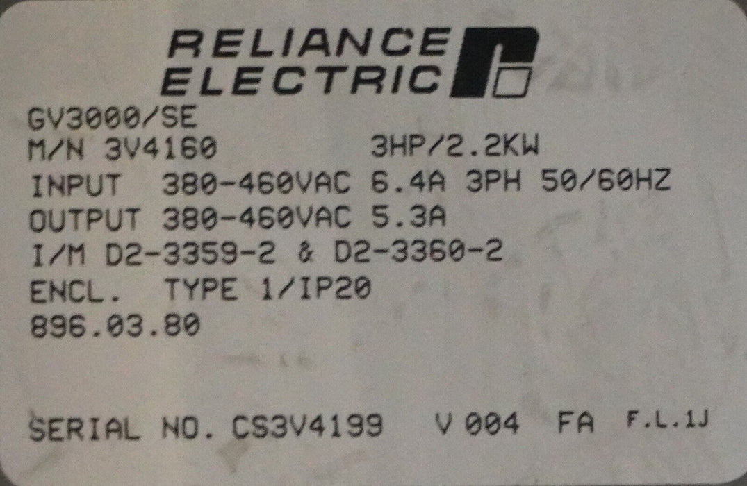 Reliance Electric GV3000 3V4160 3 HP VER.6.01 AC Inverter 460VAC Tested Good