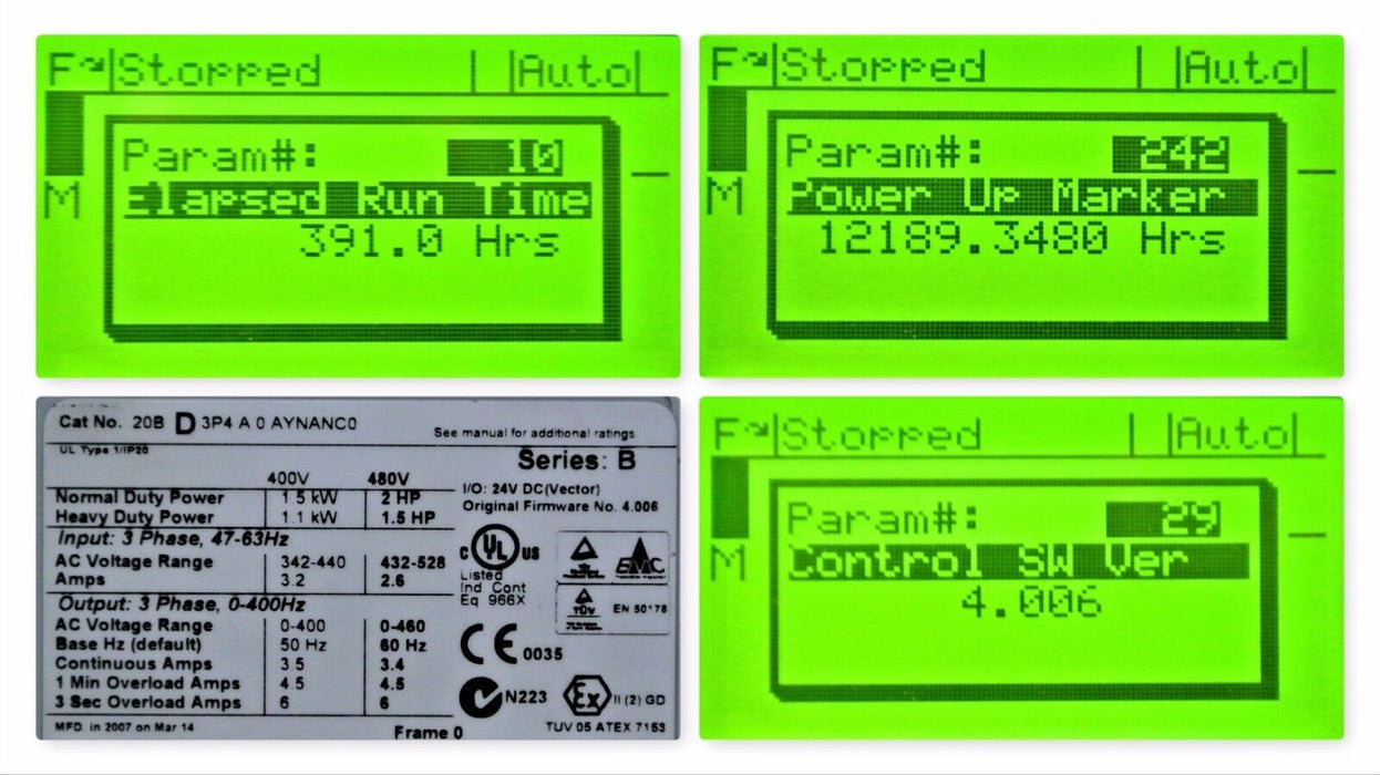 Low Hours Allen-Bradley PowerFlex 700 2 HP 20BD3P4A0AYNANC0 480 VAC Tested Good