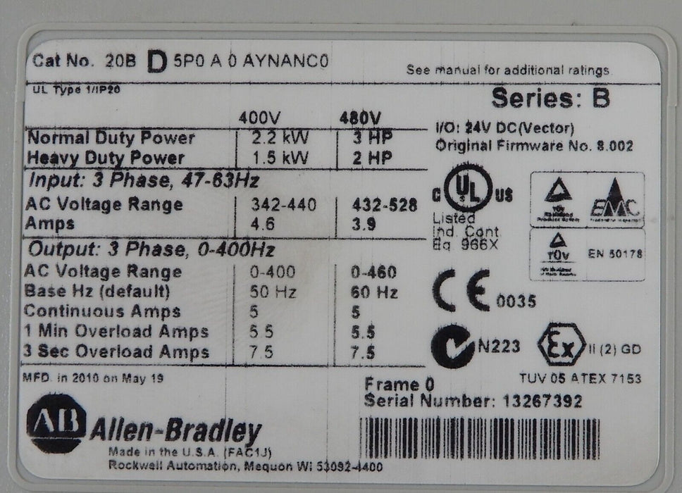 Low Hours Allen Bradley 20BD5P0A0AYNANC0/B PowerFlex 700 3HP 480 VAC FRN:8.002