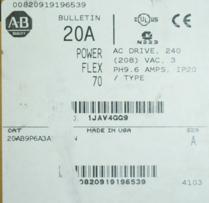 New Allen-Bradley PowerFlex 70 3HP 20AB9P6A3AYYNCNN FRN:2.005