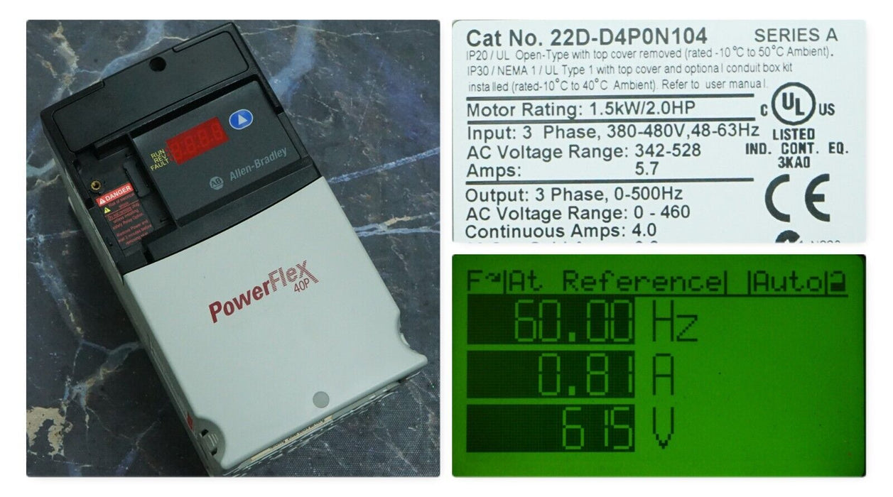 Zero Hours Allen Bradley  22D-D4P0N104 Power Flex 40P Drive 2HP Ser. A FRN: 2.01